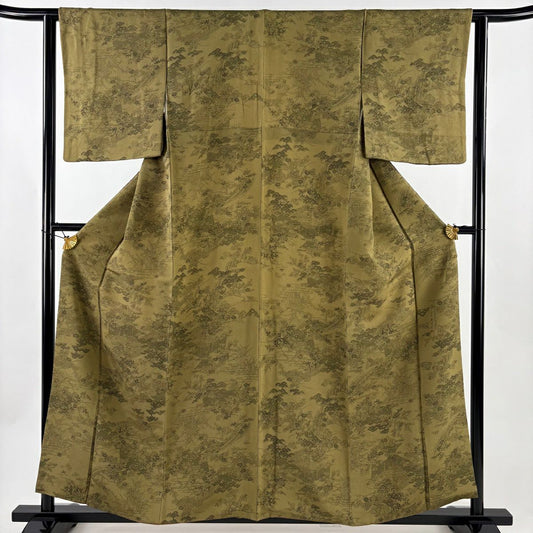 小紋 身長158.5cm 袖長62.5cm S 雙層 南部幸雄 有落款 草花紋紋 流水 茶綠 純蠶絲 秀品級