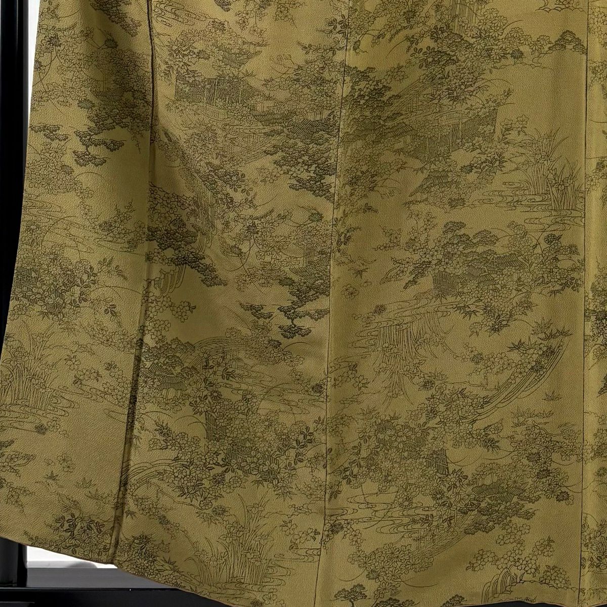 小紋 身長158.5cm 袖長62.5cm S 雙層 南部幸雄 有落款 草花紋紋 流水 茶綠 純蠶絲 秀品級