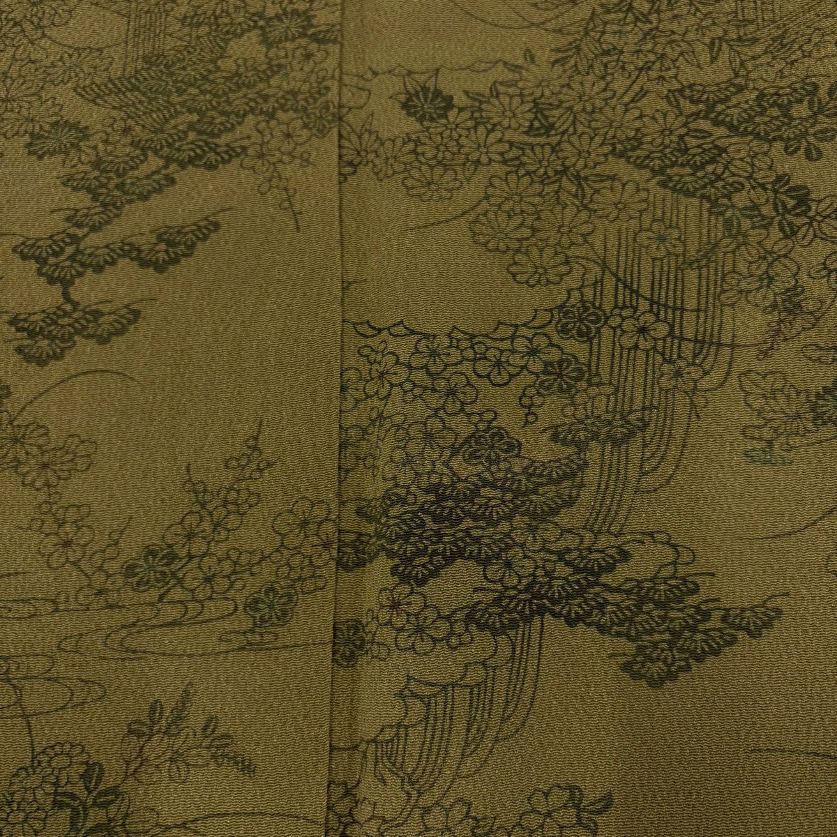 小紋 身長158.5cm 袖長62.5cm S 雙層 南部幸雄 有落款 草花紋紋 流水 茶綠 純蠶絲 秀品級