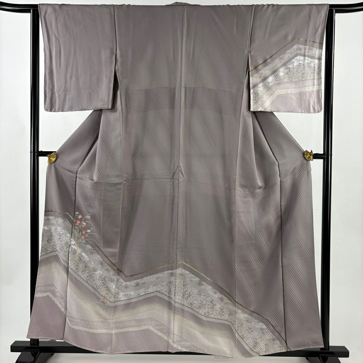 訪問服 身長157cm 袖長64cm M 雙層 草花紋紋 疋田刺繡 金銀彩 灰紫 純蠶絲 秀品級