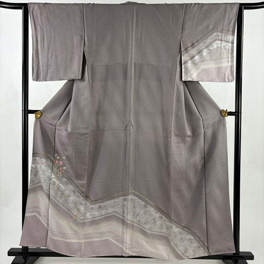 訪問服 身長157cm 袖長64cm M 雙層 草花紋紋 疋田刺繡 金銀彩 灰紫 純蠶絲 秀品級