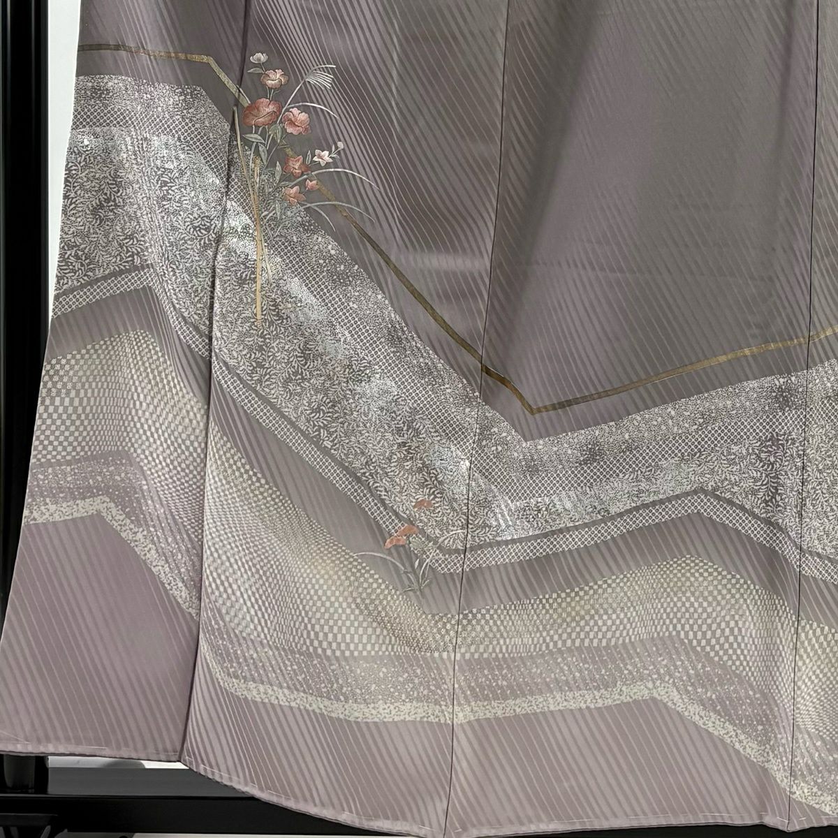 訪問服 身長157cm 袖長64cm M 雙層 草花紋紋 疋田刺繡 金銀彩 灰紫 純蠶絲 秀品級
