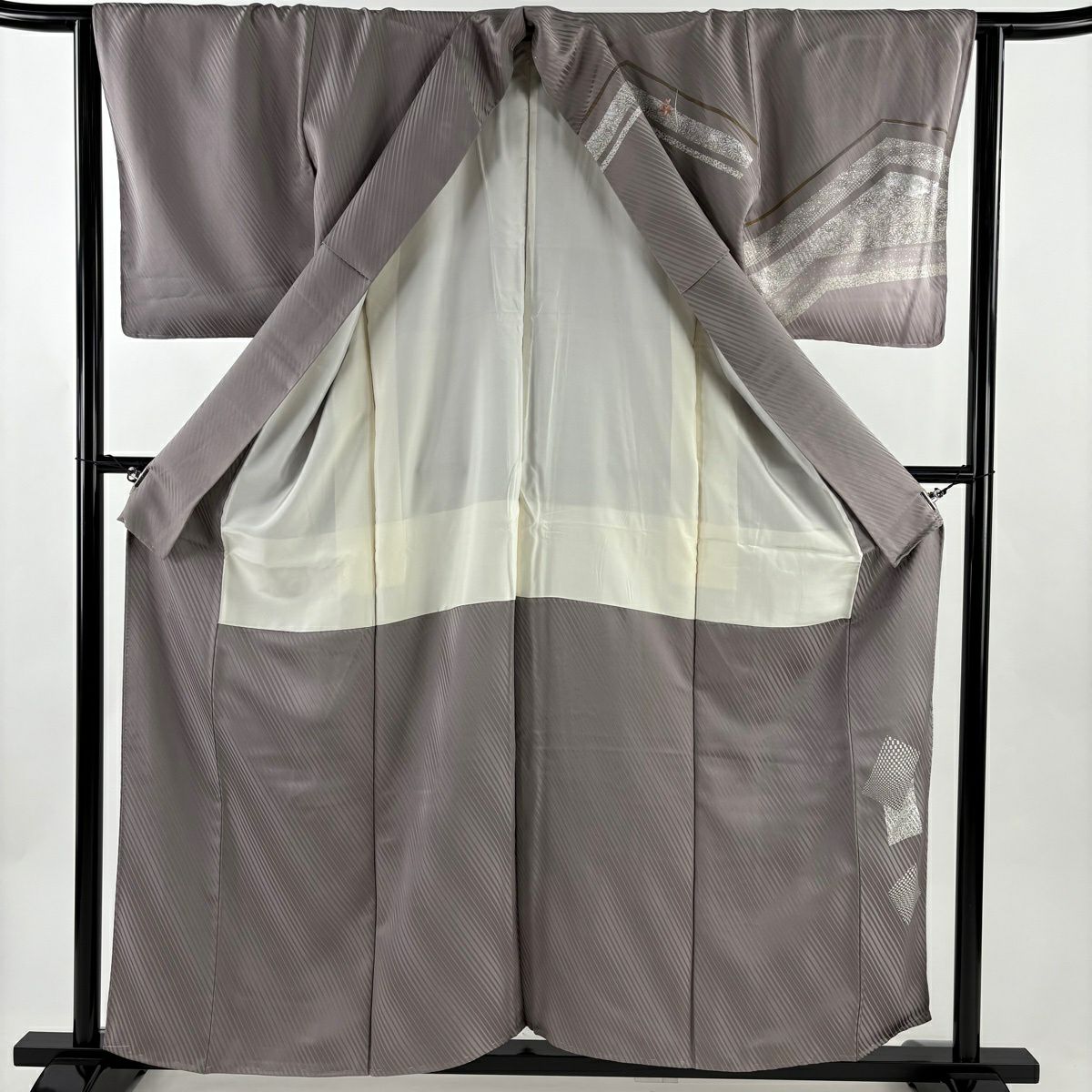 訪問服 身長157cm 袖長64cm M 雙層 草花紋紋 疋田刺繡 金銀彩 灰紫 純蠶絲 秀品級