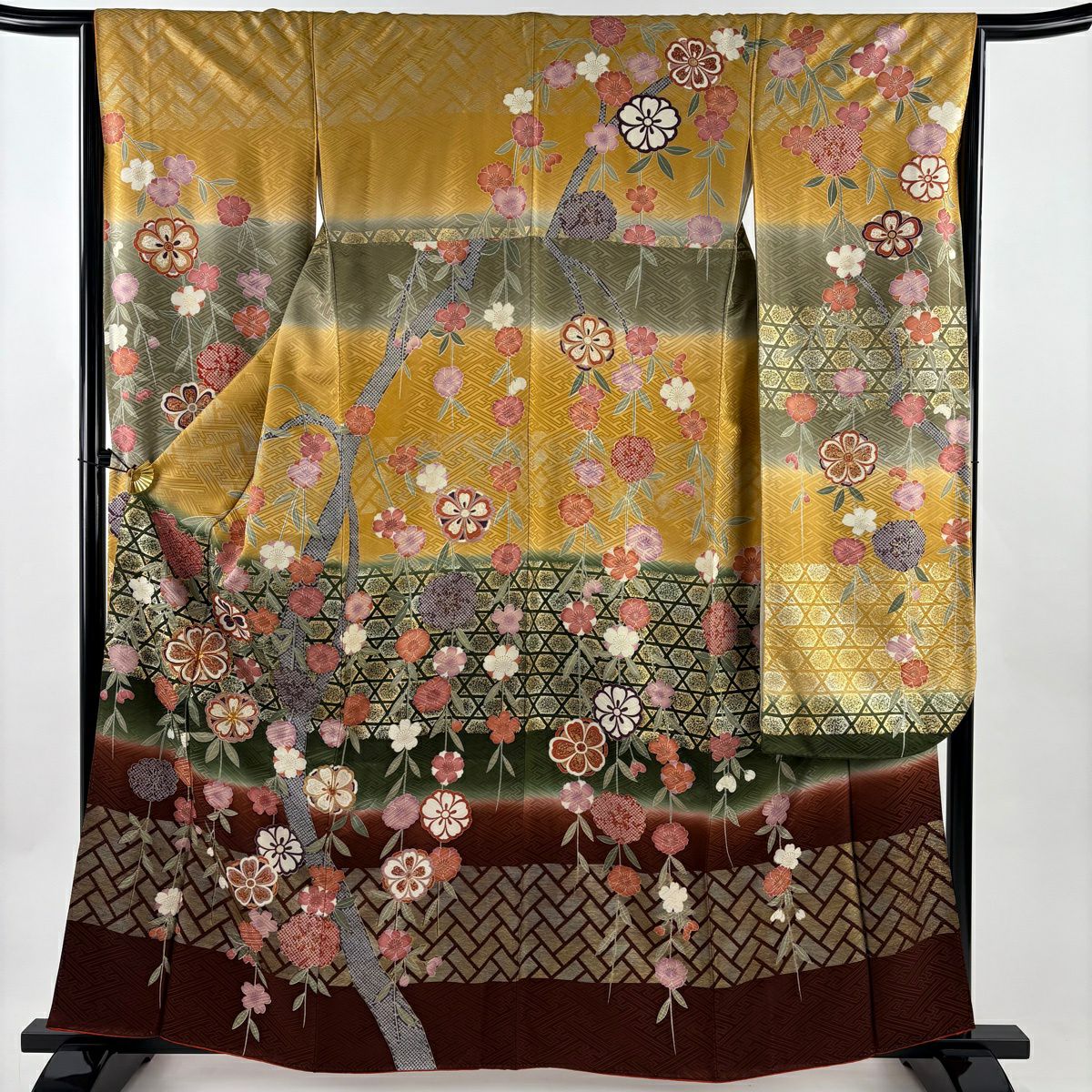 振袖禮服 身長161cm 袖長65cm M 雙層 櫻花 籠目 金絲 金銀彩 山吹茶 純蠶絲 秀品級