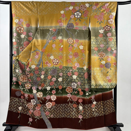 振袖禮服 身長161cm 袖長65cm M 雙層 櫻花 籠目 金絲 金銀彩 山吹茶 純蠶絲 秀品級