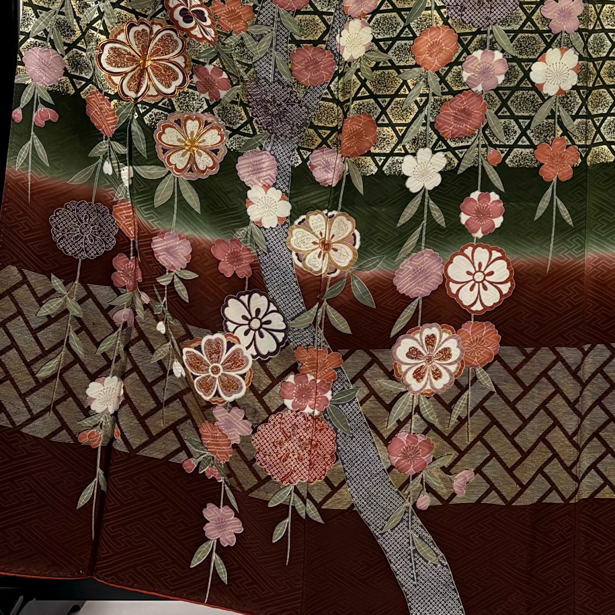 振袖禮服 身長161cm 袖長65cm M 雙層 櫻花 籠目 金絲 金銀彩 山吹茶 純蠶絲 秀品級