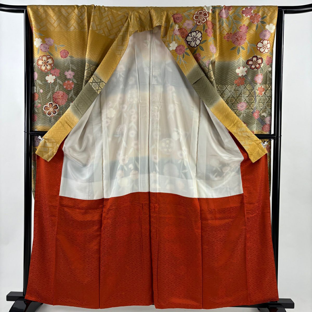 振袖禮服 身長161cm 袖長65cm M 雙層 櫻花 籠目 金絲 金銀彩 山吹茶 純蠶絲 秀品級
