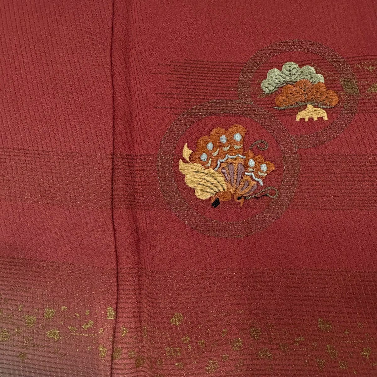 付下 身長158cm 袖長67cm M 雙層 鎌倉文 霞 刺繡 金糸 茜 純蠶絲 秀品級