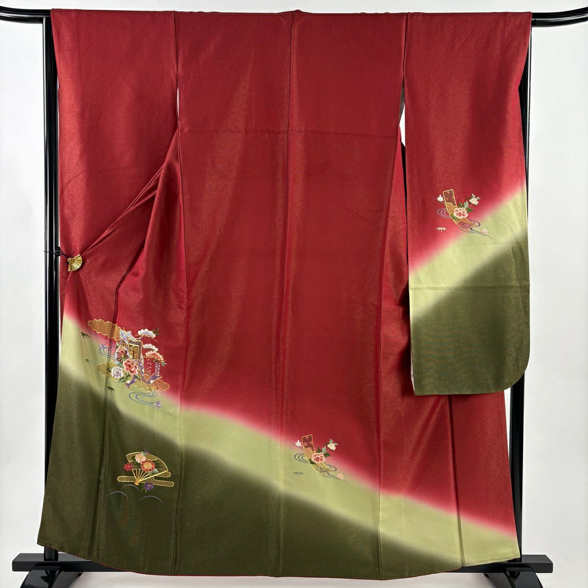 振袖禮服 身長158cm 袖長66cm M 雙層 御所車 草花紋紋 金銀彩 刺繡 紅 純蠶絲 秀品級