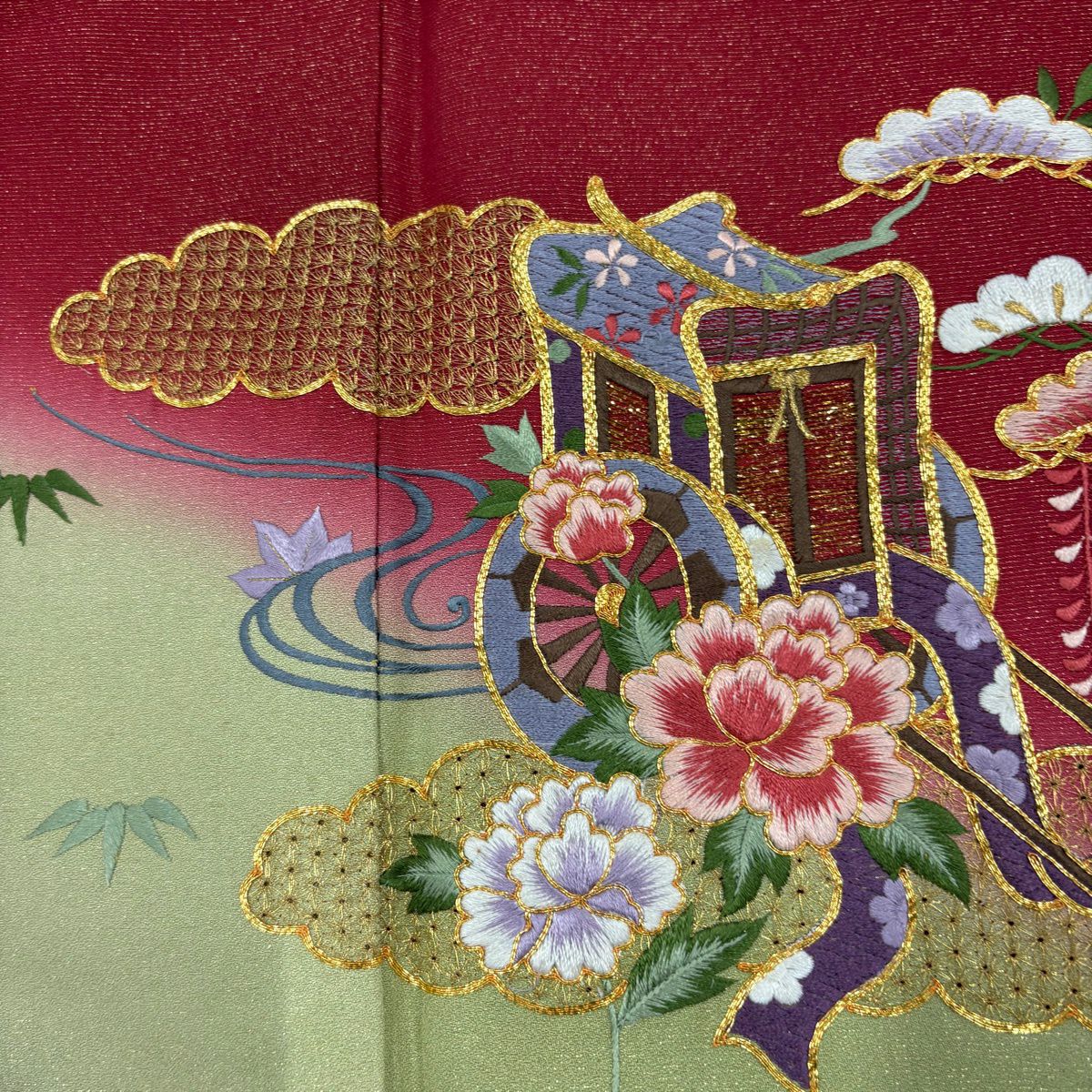 振袖禮服 身長158cm 袖長66cm M 雙層 御所車 草花紋紋 金銀彩 刺繡 紅 純蠶絲 秀品級