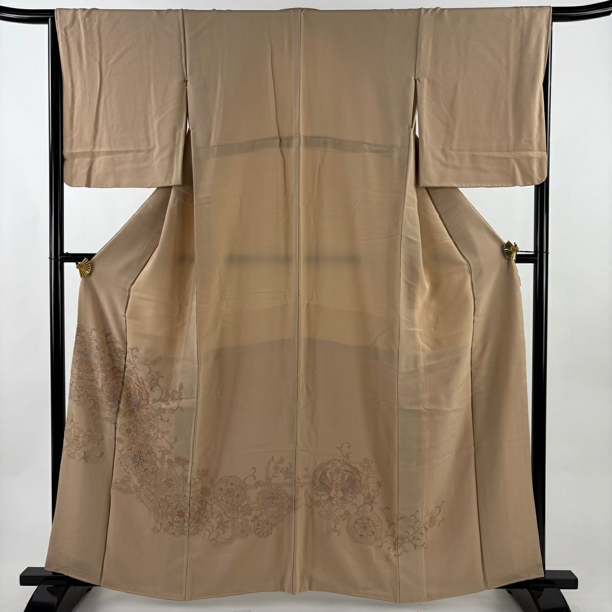付下 身長160cm 袖長66cm M 雙層 向鳥 華紋 刺繡 米色 純蠶絲 優品級