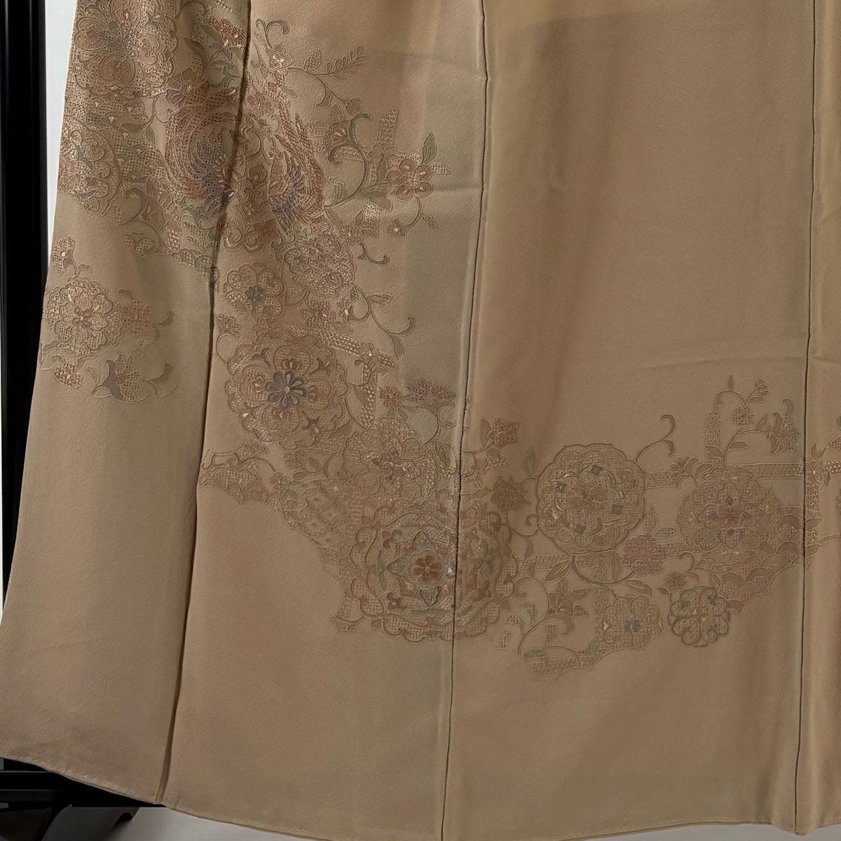 付下 身長160cm 袖長66cm M 雙層 向鳥 華紋 刺繡 米色 純蠶絲 優品級