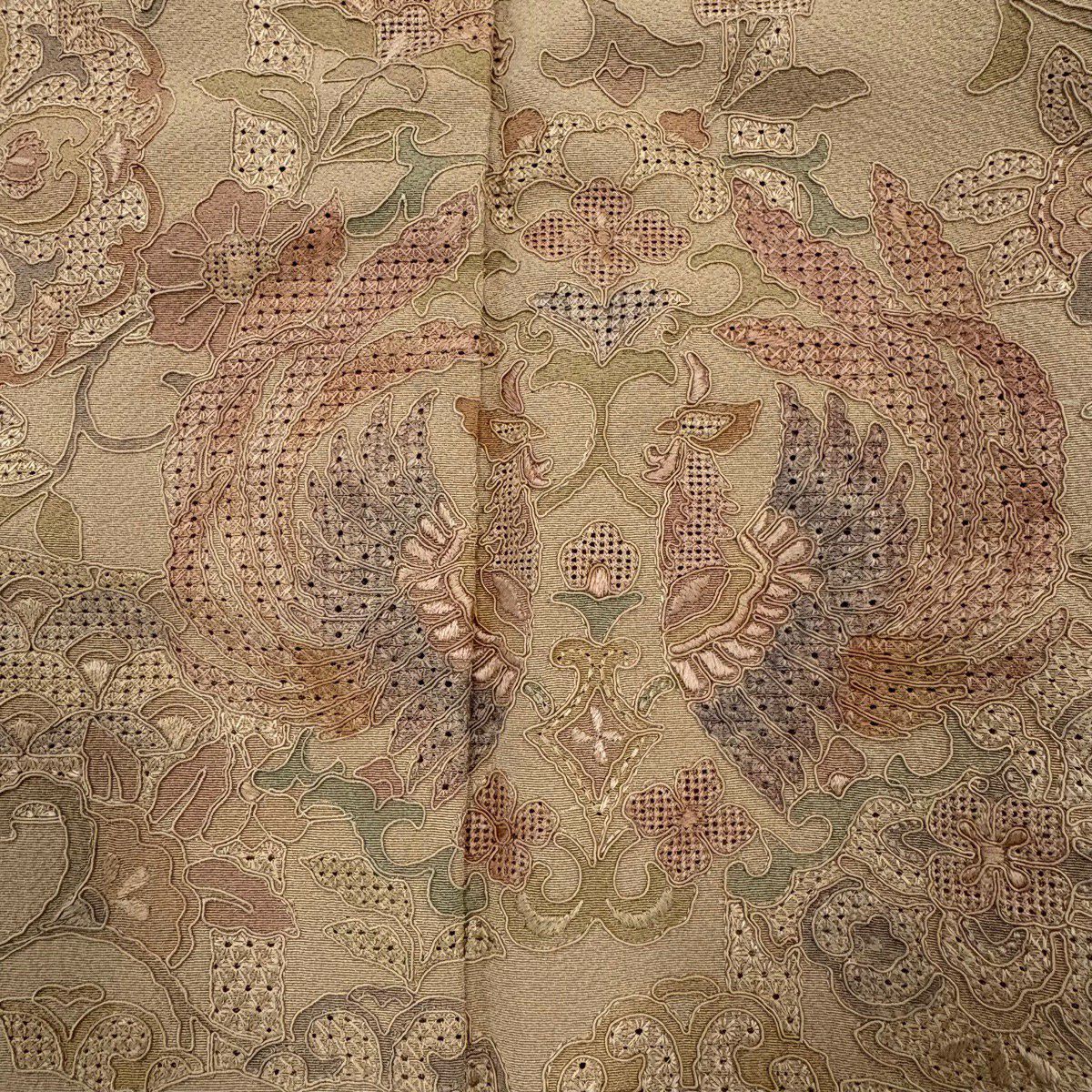 付下 身長160cm 袖長66cm M 雙層 向鳥 華紋 刺繡 米色 純蠶絲 優品級