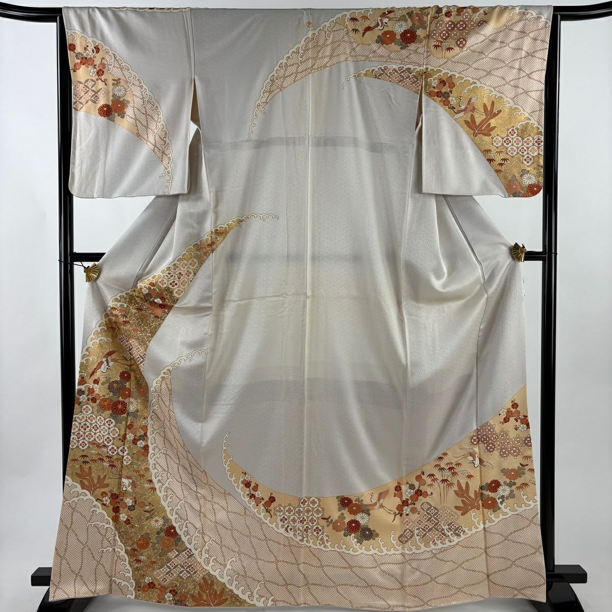 訪問服 身長166cm 袖長65cm M 雙層 波頭 花鳥 金絲 金銀彩 灰白 純蠶絲 秀品級 一つ紋