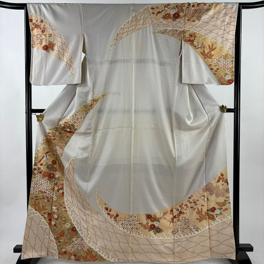 訪問服 身長166cm 袖長65cm M 雙層 波頭 花鳥 金絲 金銀彩 灰白 純蠶絲 秀品級 一つ紋