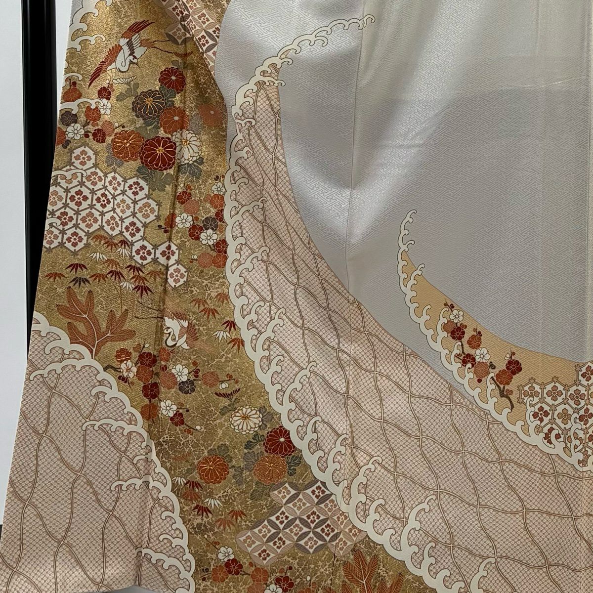 訪問服 身長166cm 袖長65cm M 雙層 波頭 花鳥 金絲 金銀彩 灰白 純蠶絲 秀品級 一つ紋