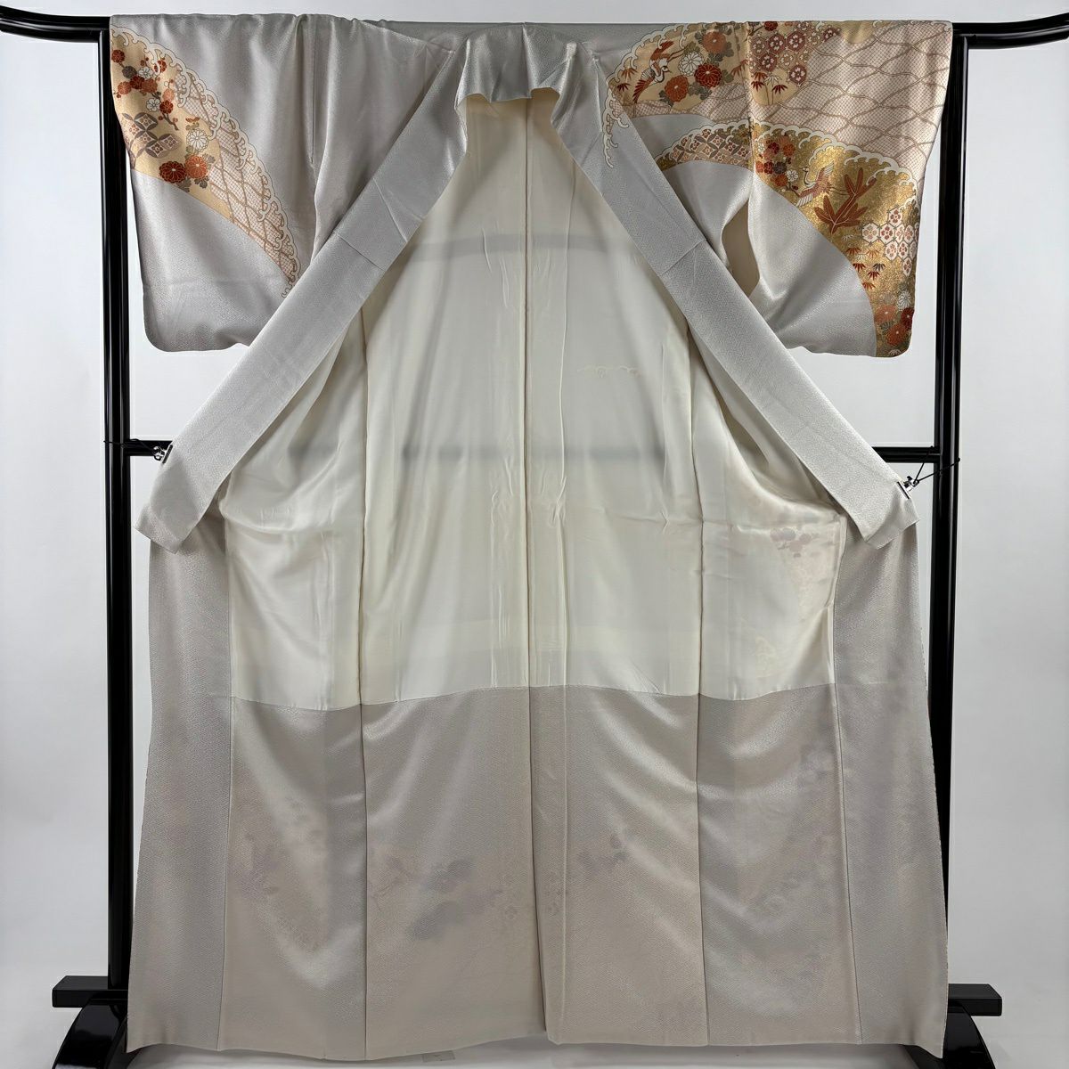 訪問服 身長166cm 袖長65cm M 雙層 波頭 花鳥 金絲 金銀彩 灰白 純蠶絲 秀品級 一つ紋