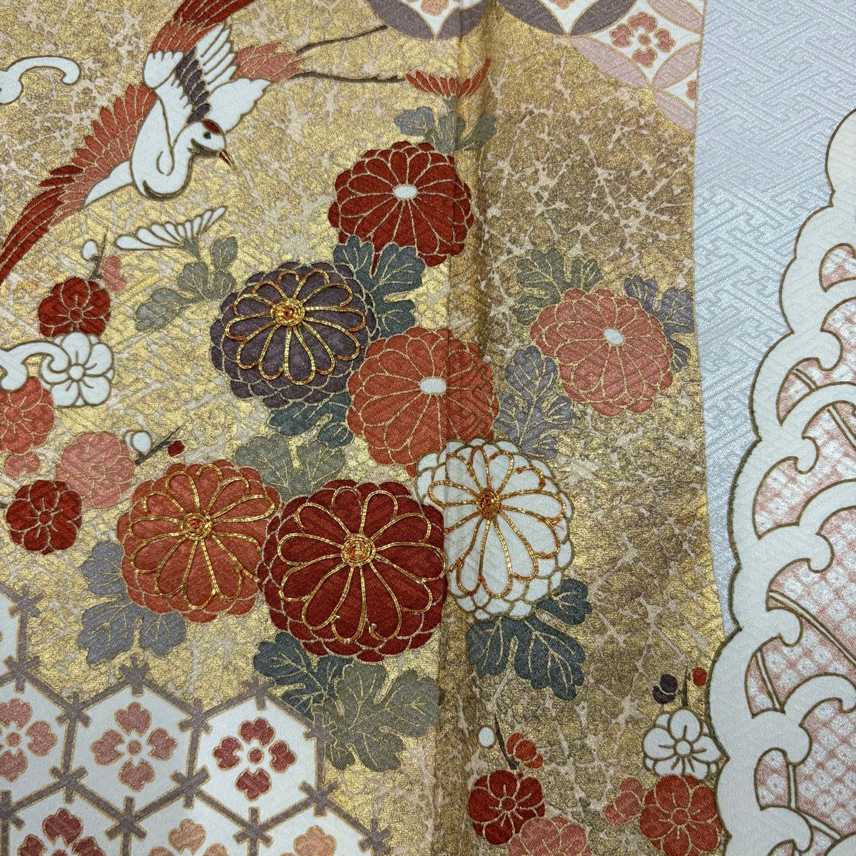 訪問服 身長166cm 袖長65cm M 雙層 波頭 花鳥 金絲 金銀彩 灰白 純蠶絲 秀品級 一つ紋