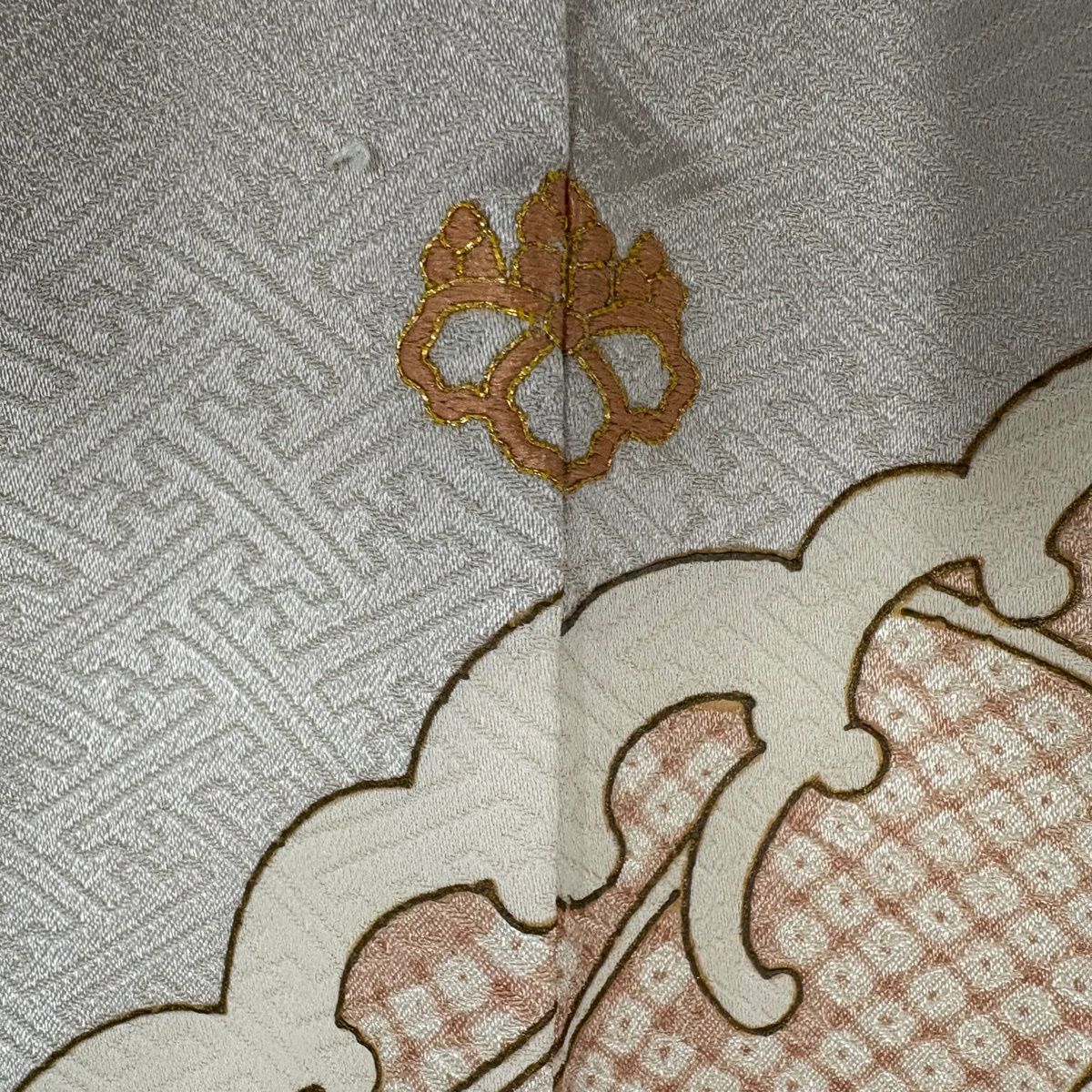 訪問服 身長166cm 袖長65cm M 雙層 波頭 花鳥 金絲 金銀彩 灰白 純蠶絲 秀品級 一つ紋