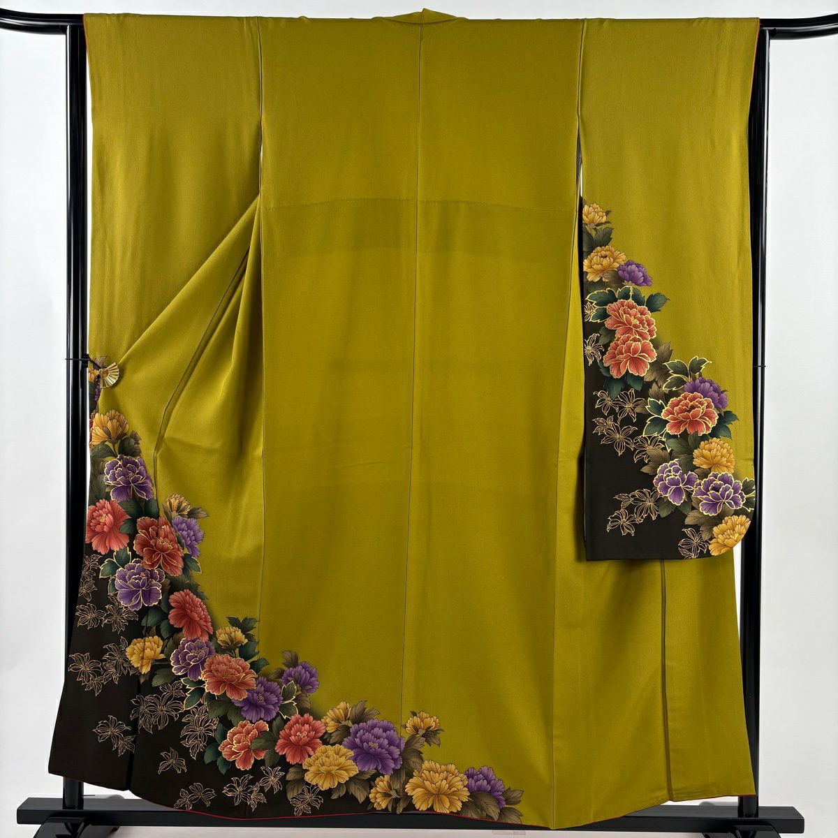 【美品】振袖禮服 身長155cm 袖長64.5cm M 雙層 牡丹 金銀彩 染分 茶綠 純蠶絲 秀品級