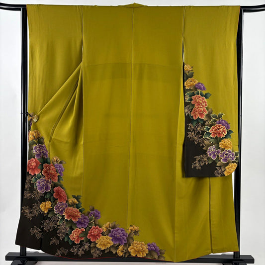 【美品】振袖禮服 身長155cm 袖長64.5cm M 雙層 牡丹 金銀彩 染分 茶綠 純蠶絲 秀品級