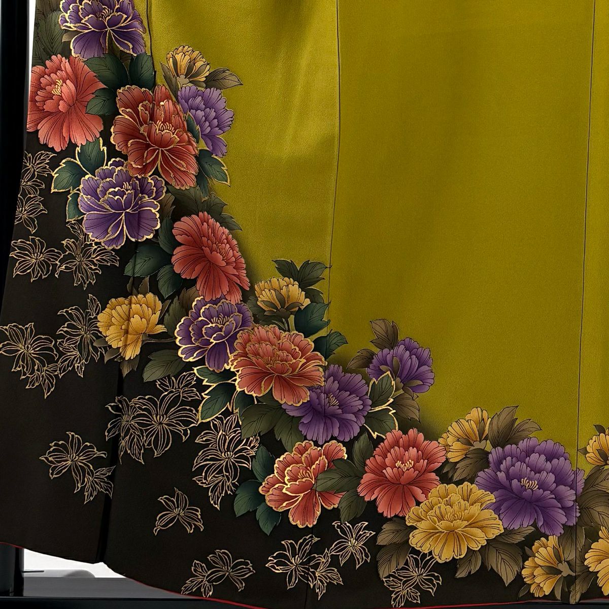 【美品】振袖禮服 身長155cm 袖長64.5cm M 雙層 牡丹 金銀彩 染分 茶綠 純蠶絲 秀品級
