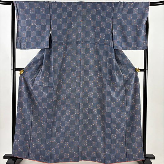 【美品】 小紋 身長163cm 袖長65.5cm M 雙層 市松樹紋 梅花 綠灰 純蠶絲 秀品級