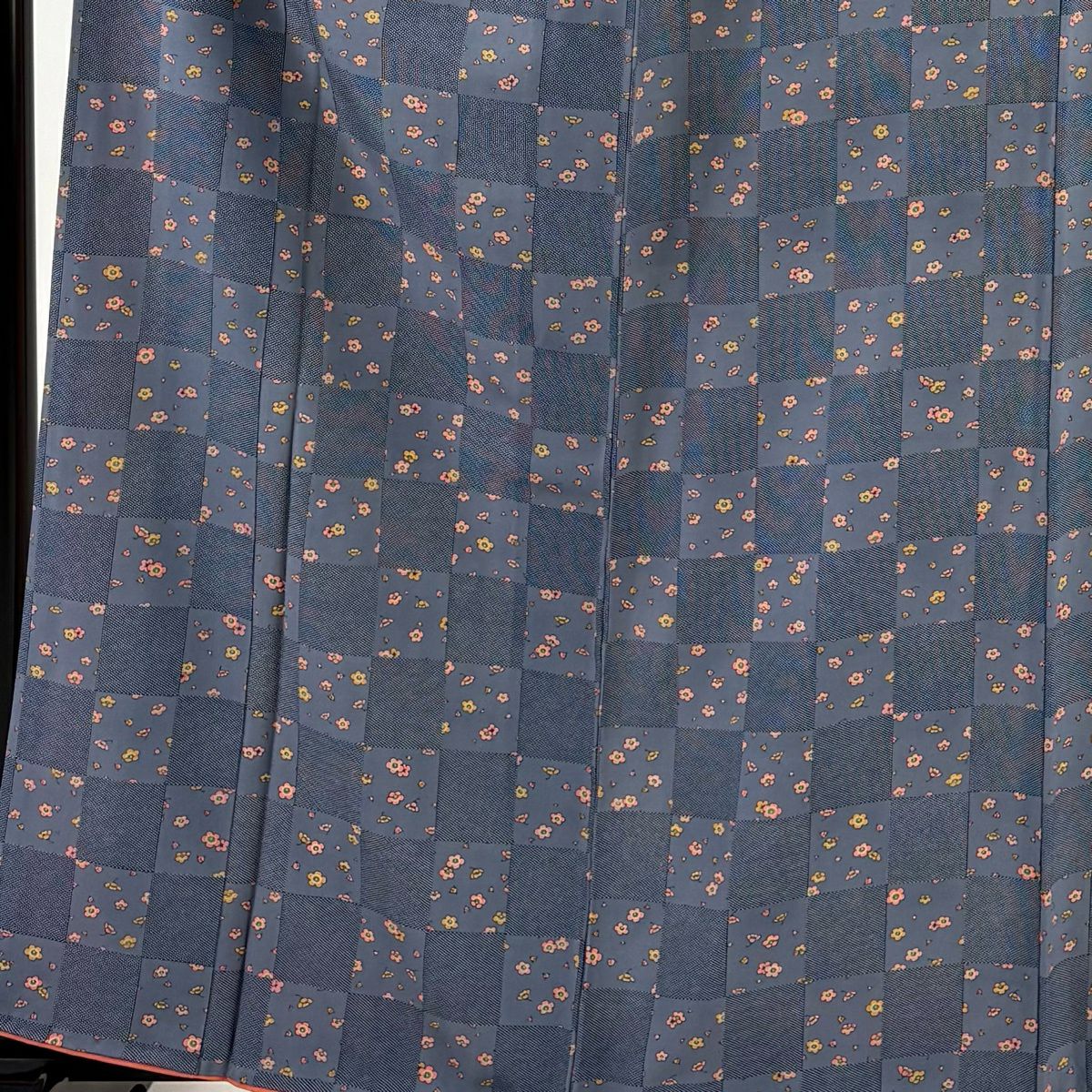 【美品】 小紋 身長163cm 袖長65.5cm M 雙層 市松樹紋 梅花 綠灰 純蠶絲 秀品級