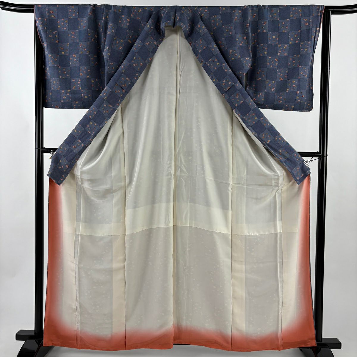 【美品】 小紋 身長163cm 袖長65.5cm M 雙層 市松樹紋 梅花 綠灰 純蠶絲 秀品級