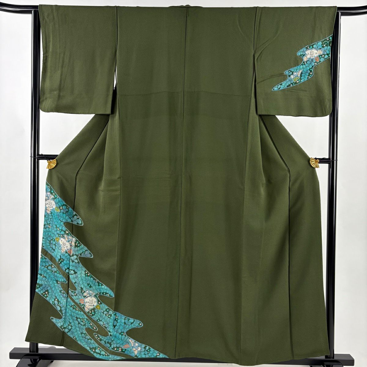 付下 身長156cm 袖長65cm M 雙層 草花紋紋 霞 絞染 深綠 純蠶絲 秀品級