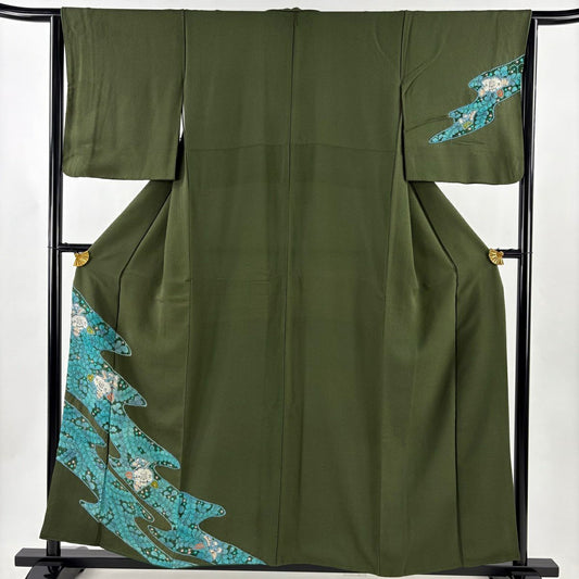 付下 身長156cm 袖長65cm M 雙層 草花紋紋 霞 絞染 深綠 純蠶絲 秀品級