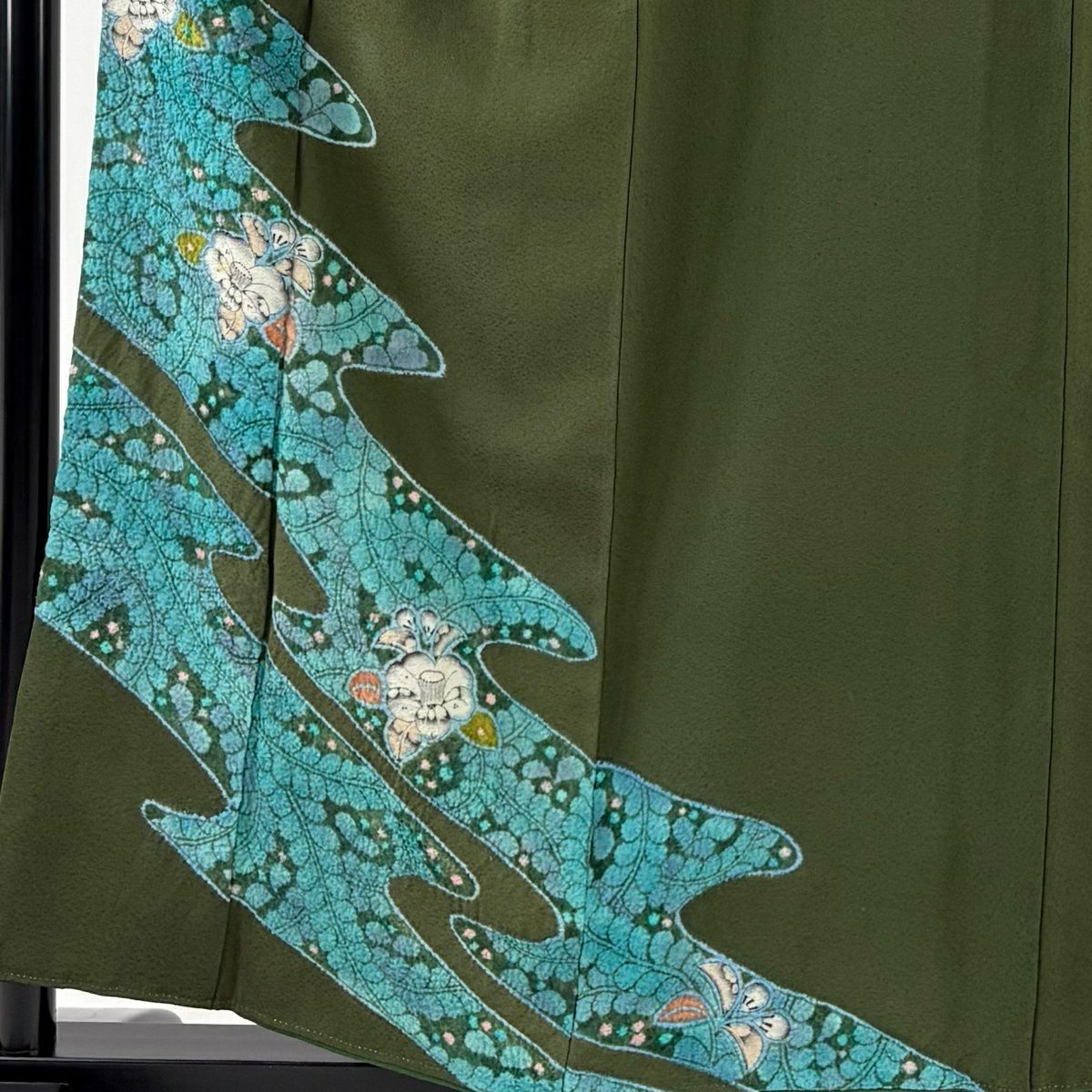 付下 身長156cm 袖長65cm M 雙層 草花紋紋 霞 絞染 深綠 純蠶絲 秀品級