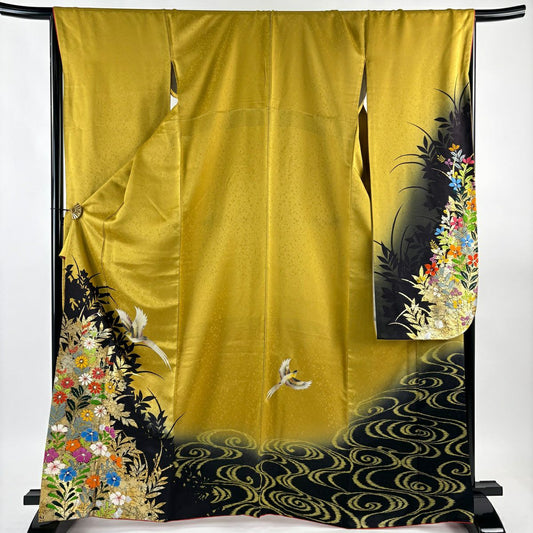 振袖禮服 身長166cm 袖長67.5cm L 雙層 鳥 菊花 金銀彩 漸層 芥末色 純蠶絲 優品級