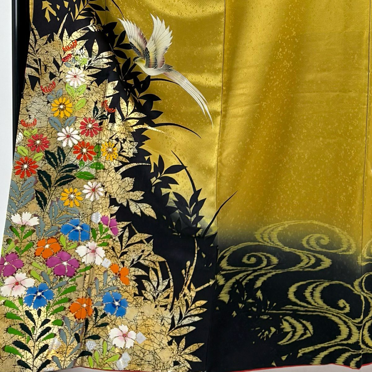 振袖禮服 身長166cm 袖長67.5cm L 雙層 鳥 菊花 金銀彩 漸層 芥末色 純蠶絲 優品級