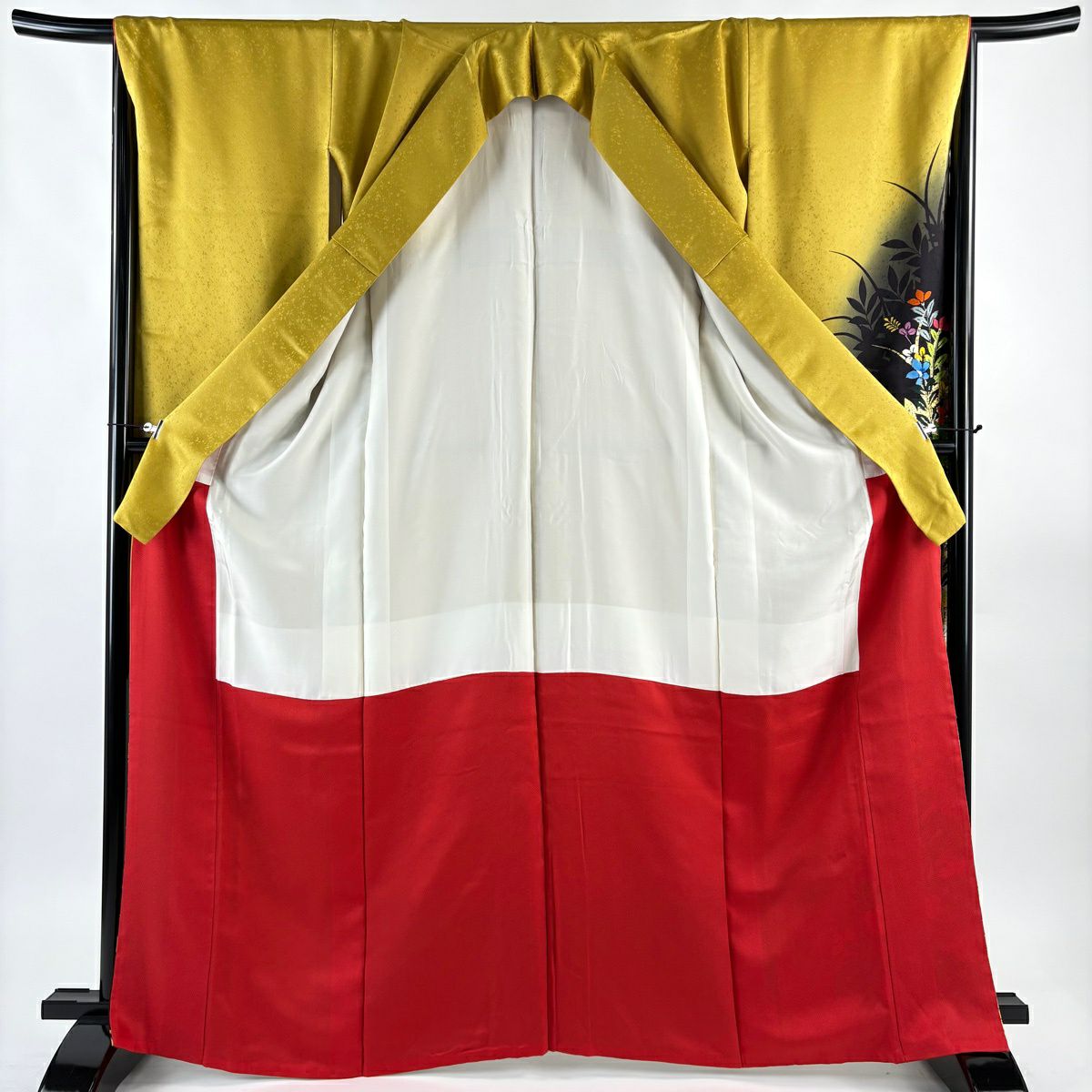 振袖禮服 身長166cm 袖長67.5cm L 雙層 鳥 菊花 金銀彩 漸層 芥末色 純蠶絲 優品級
