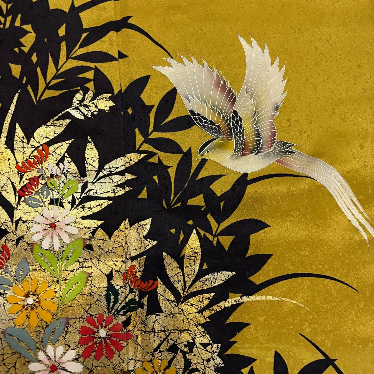 振袖禮服 身長166cm 袖長67.5cm L 雙層 鳥 菊花 金銀彩 漸層 芥末色 純蠶絲 優品級