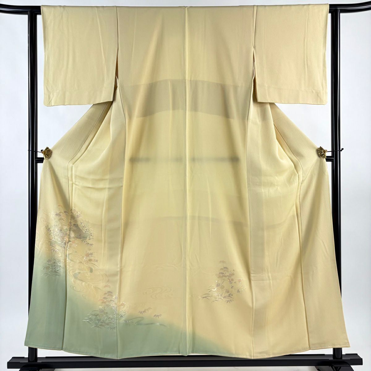 付下 身長155.5cm 袖長62cm S 雙層 家屋 松樹竹子梅花 刺繡 金金箔 淺黃 純蠶絲 優品級
