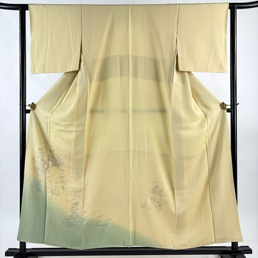 付下 身長155.5cm 袖長62cm S 雙層 家屋 松樹竹子梅花 刺繡 金金箔 淺黃 純蠶絲 優品級