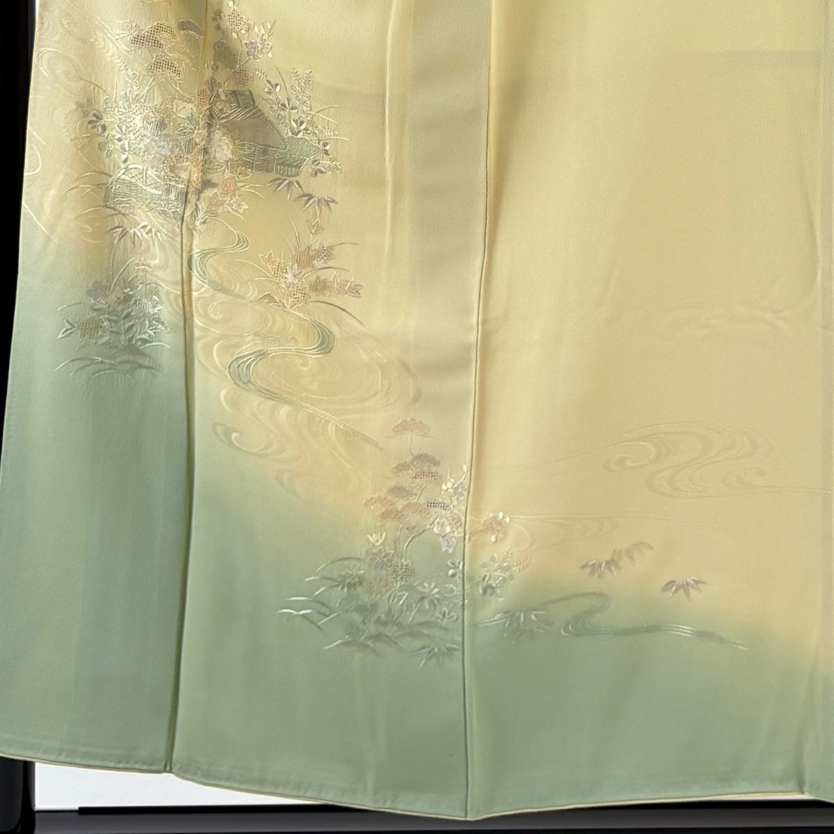 付下 身長155.5cm 袖長62cm S 雙層 家屋 松樹竹子梅花 刺繡 金金箔 淺黃 純蠶絲 優品級