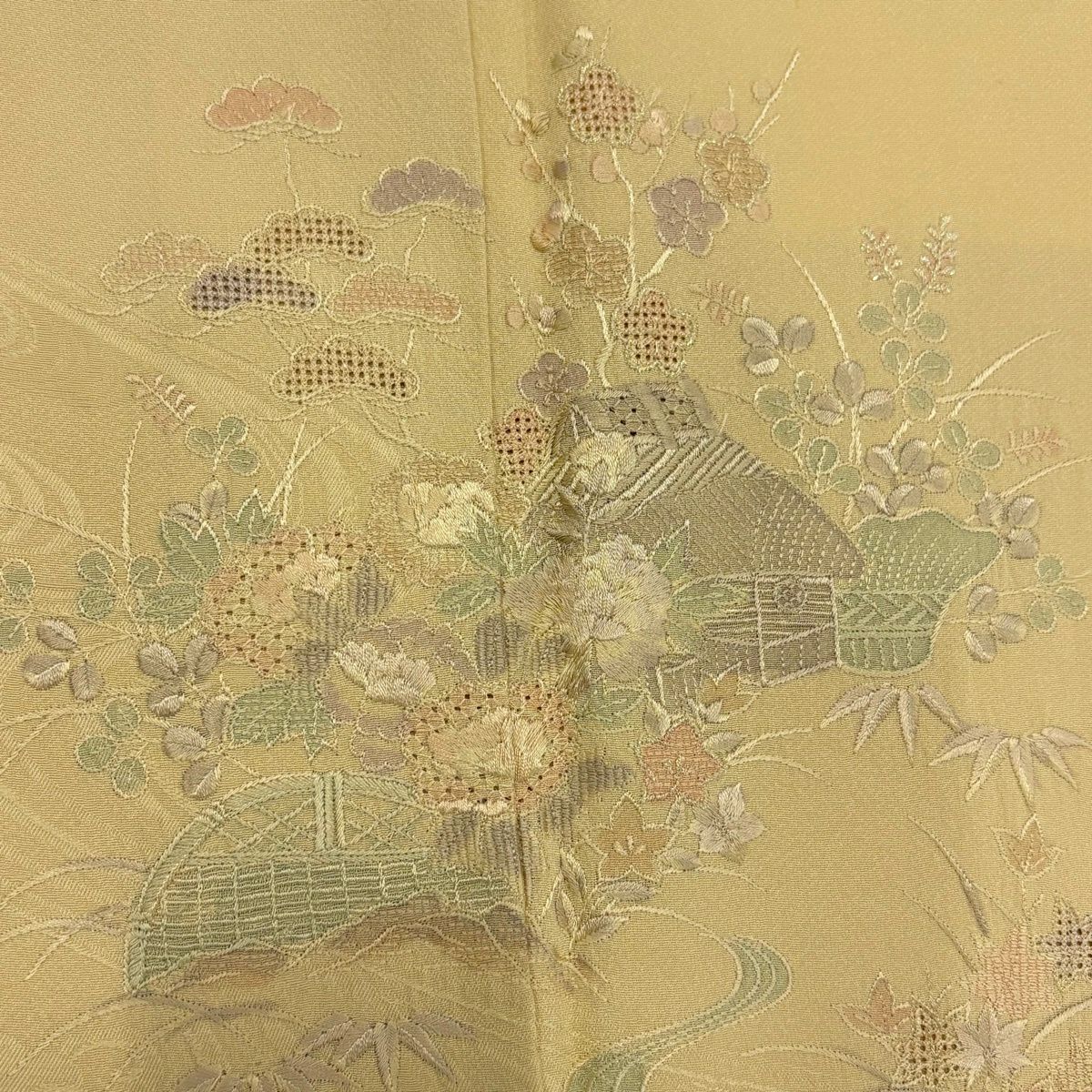 付下 身長155.5cm 袖長62cm S 雙層 家屋 松樹竹子梅花 刺繡 金金箔 淺黃 純蠶絲 優品級