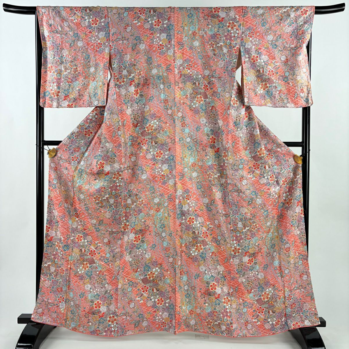 【美品】 小紋 身長165cm 袖長67cm M 雙層 扇子子 櫻花 金銀彩 絞染 粉紅 純蠶絲 秀品級