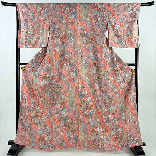 【美品】 小紋 身長165cm 袖長67cm M 雙層 扇子子 櫻花 金銀彩 絞染 粉紅 純蠶絲 秀品級