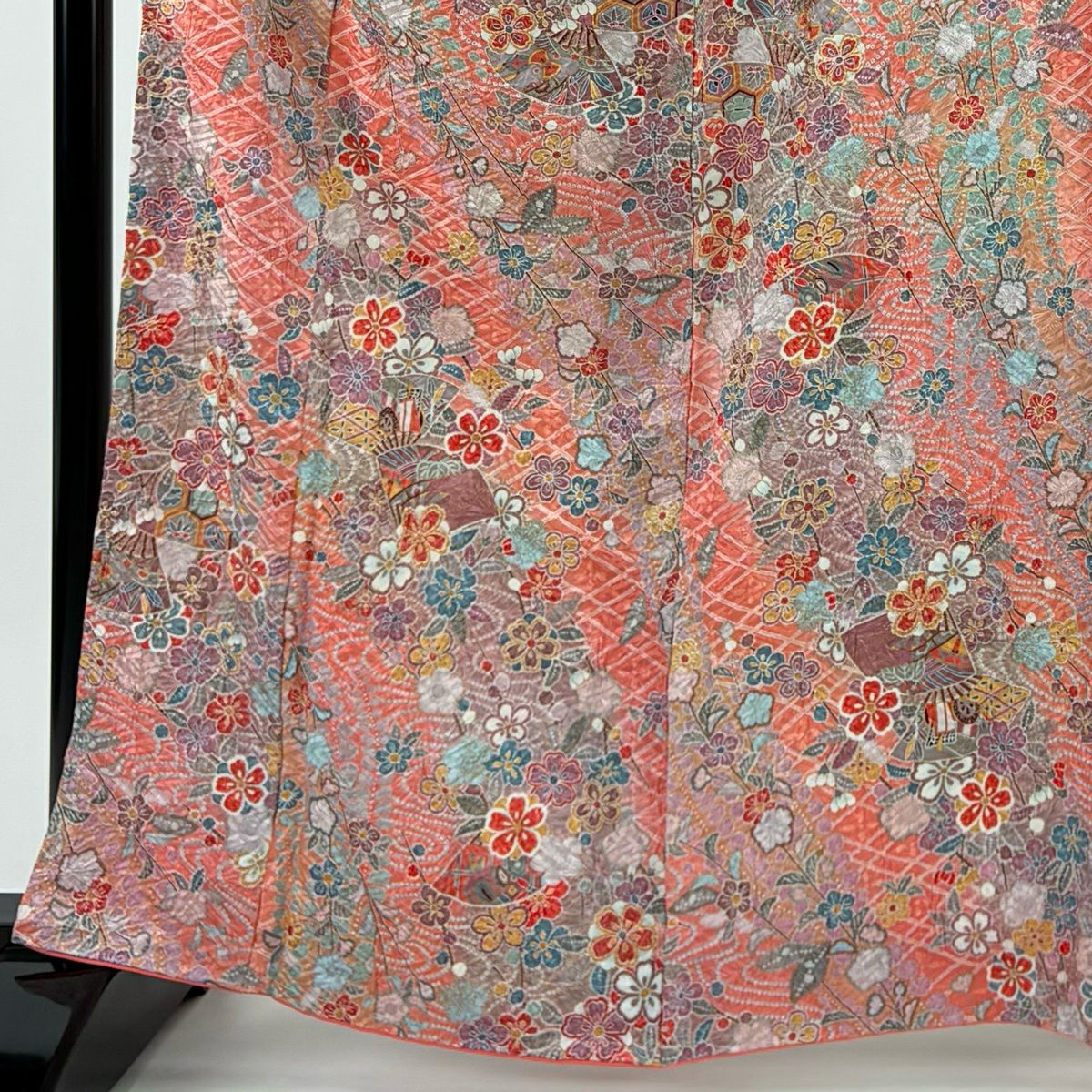 【美品】 小紋 身長165cm 袖長67cm M 雙層 扇子子 櫻花 金銀彩 絞染 粉紅 純蠶絲 秀品級