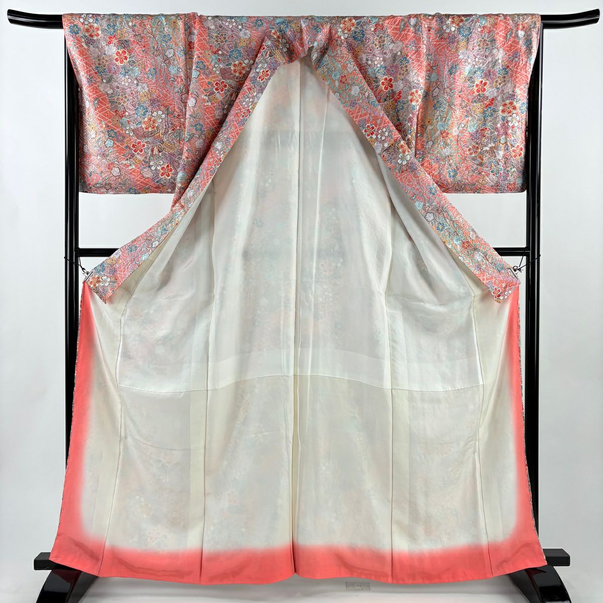 【美品】 小紋 身長165cm 袖長67cm M 雙層 扇子子 櫻花 金銀彩 絞染 粉紅 純蠶絲 秀品級