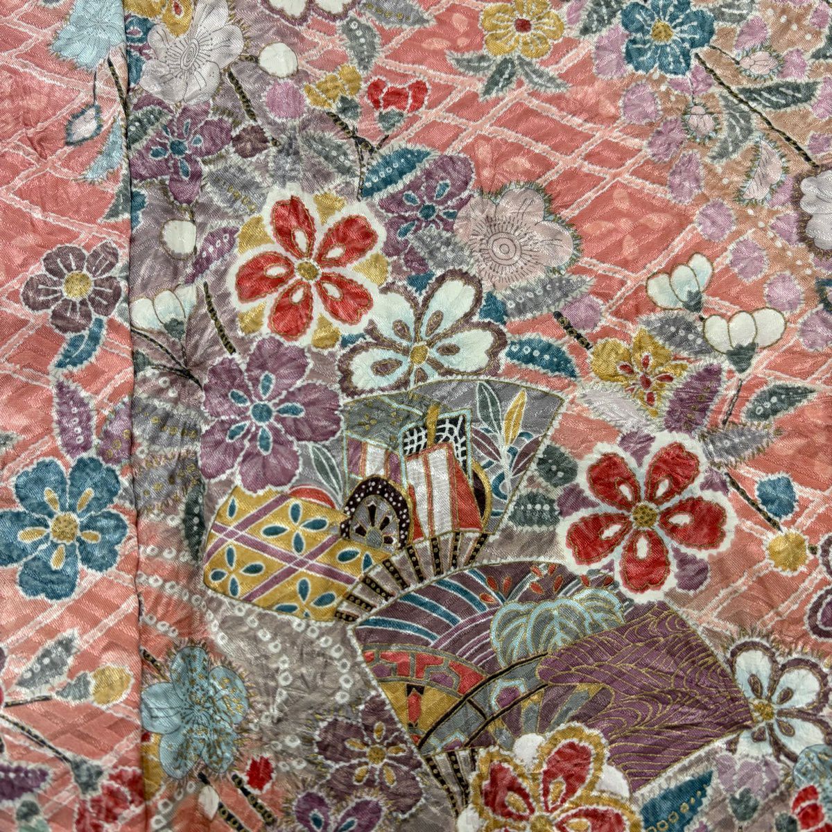【美品】 小紋 身長165cm 袖長67cm M 雙層 扇子子 櫻花 金銀彩 絞染 粉紅 純蠶絲 秀品級