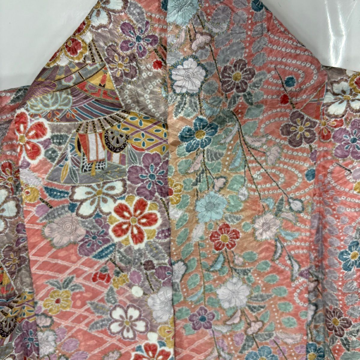 【美品】 小紋 身長165cm 袖長67cm M 雙層 扇子子 櫻花 金銀彩 絞染 粉紅 純蠶絲 秀品級