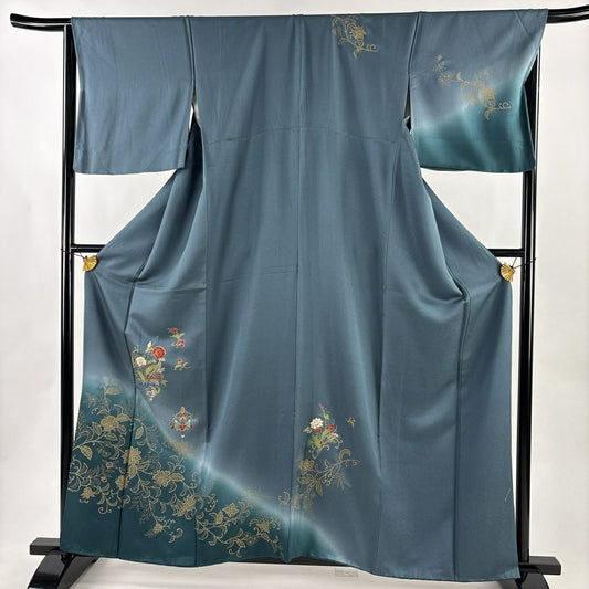 訪問服 身長161cm 袖長66.5cm M 雙層 草花紋紋 花唐草紋 漸層 青灰 純蠶絲 優品級