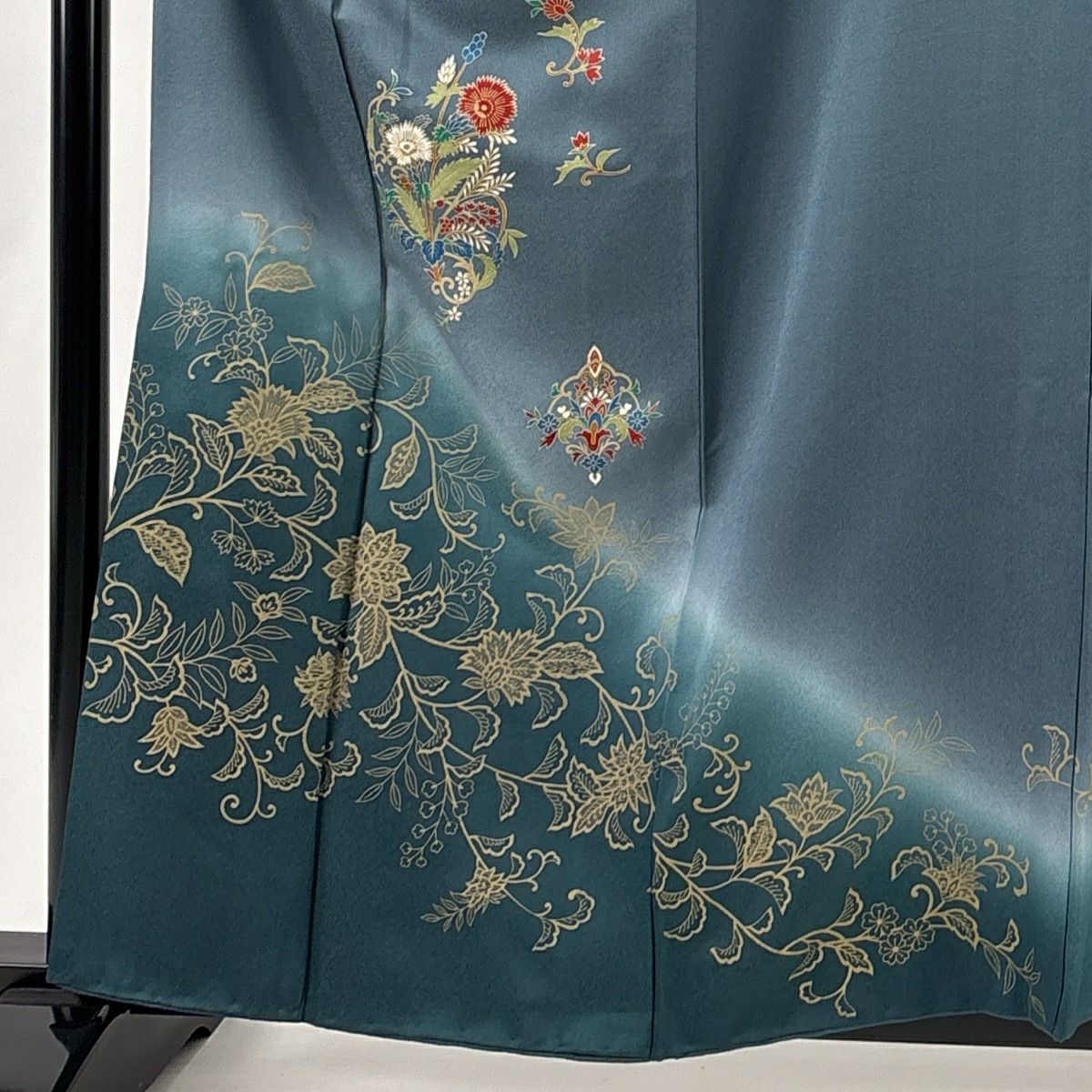 訪問服 身長161cm 袖長66.5cm M 雙層 草花紋紋 花唐草紋 漸層 青灰 純蠶絲 優品級