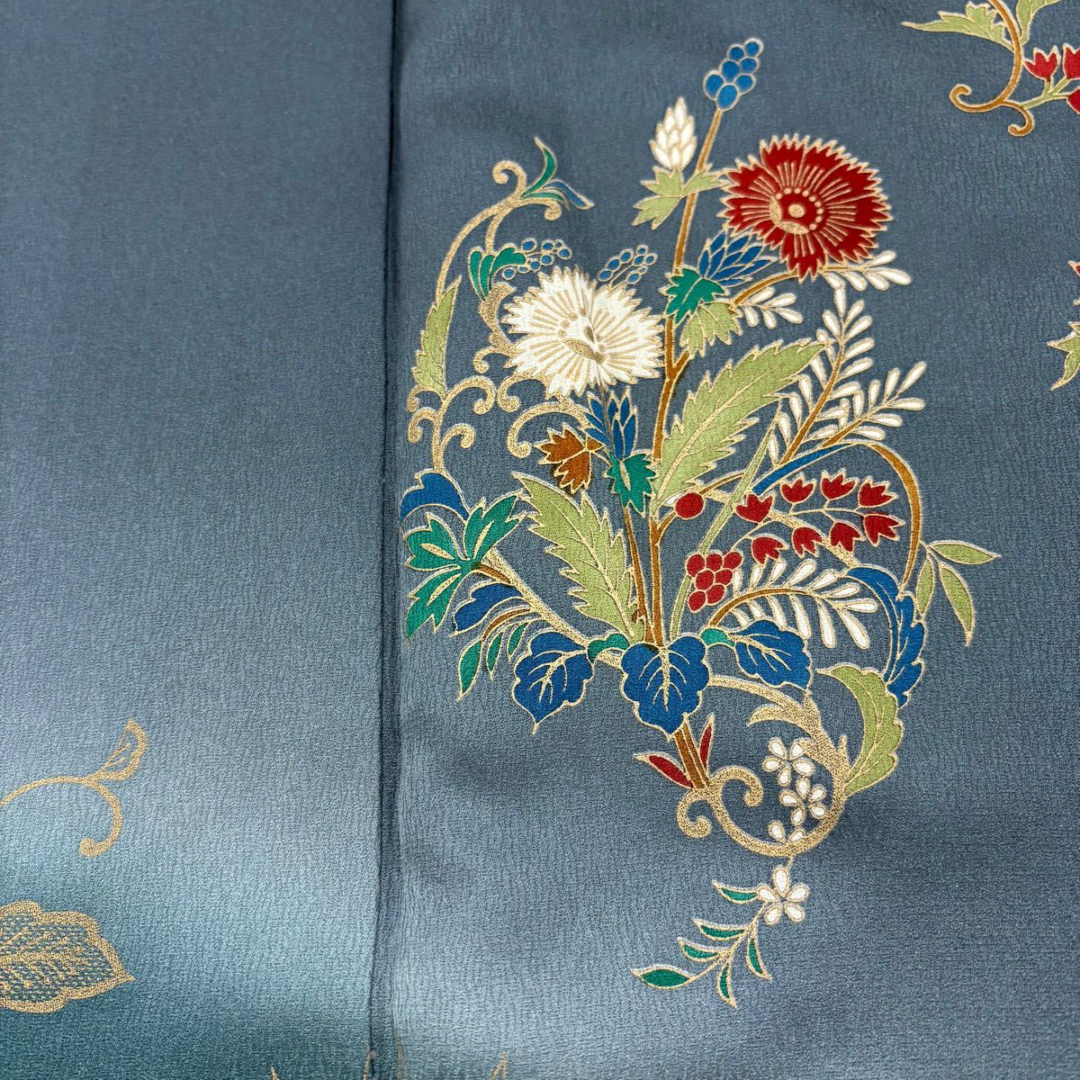 訪問服 身長161cm 袖長66.5cm M 雙層 草花紋紋 花唐草紋 漸層 青灰 純蠶絲 優品級