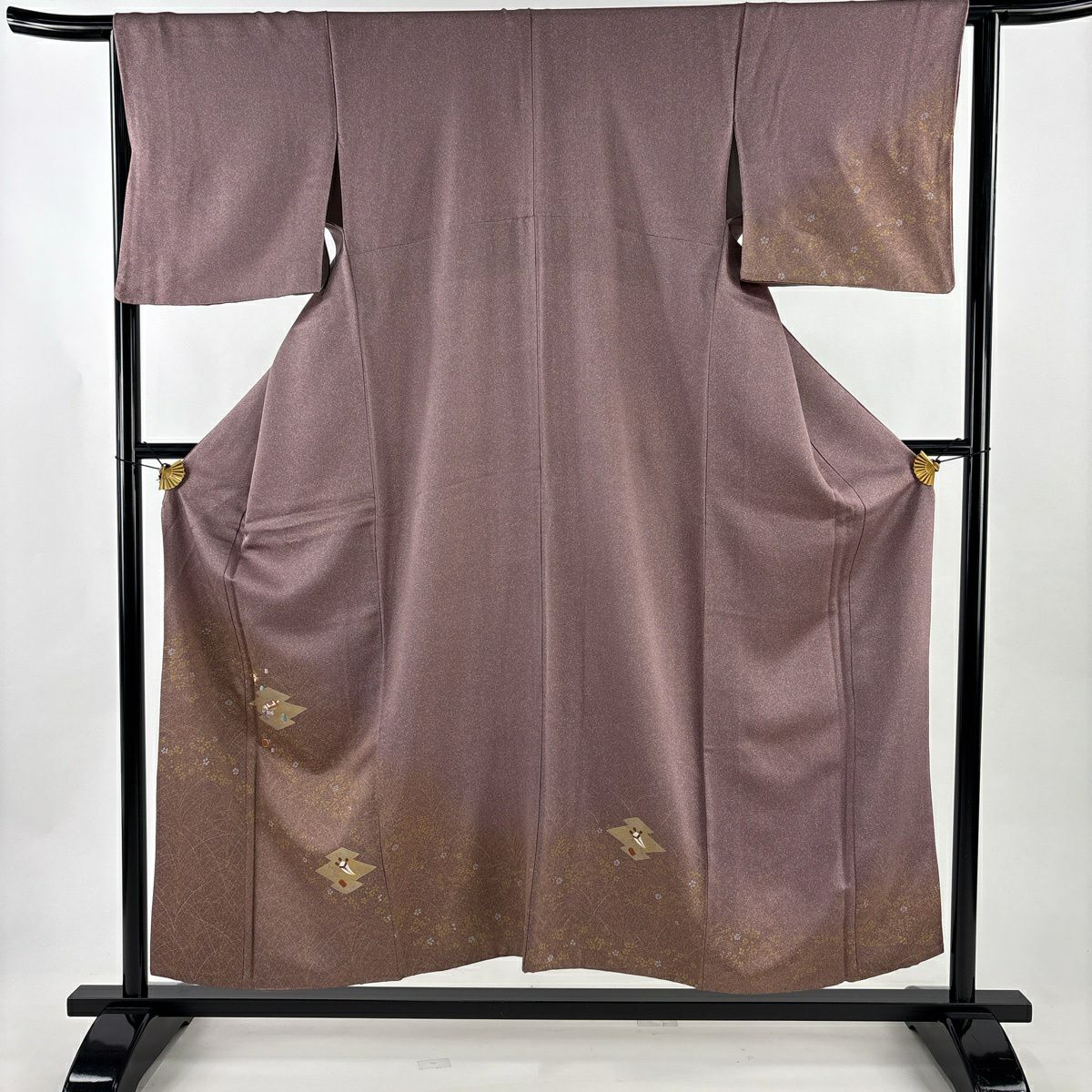 付下 身長155.5cm 袖長64cm M 雙層 寶物滿載 草花紋紋 刺繡 金絲 灰紫 純蠶絲 優品級